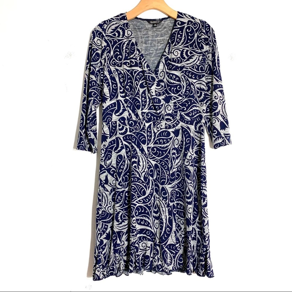 Glamour Faux Wrap Floral Ruffled Knee Length Dress blue grey EUC size 10